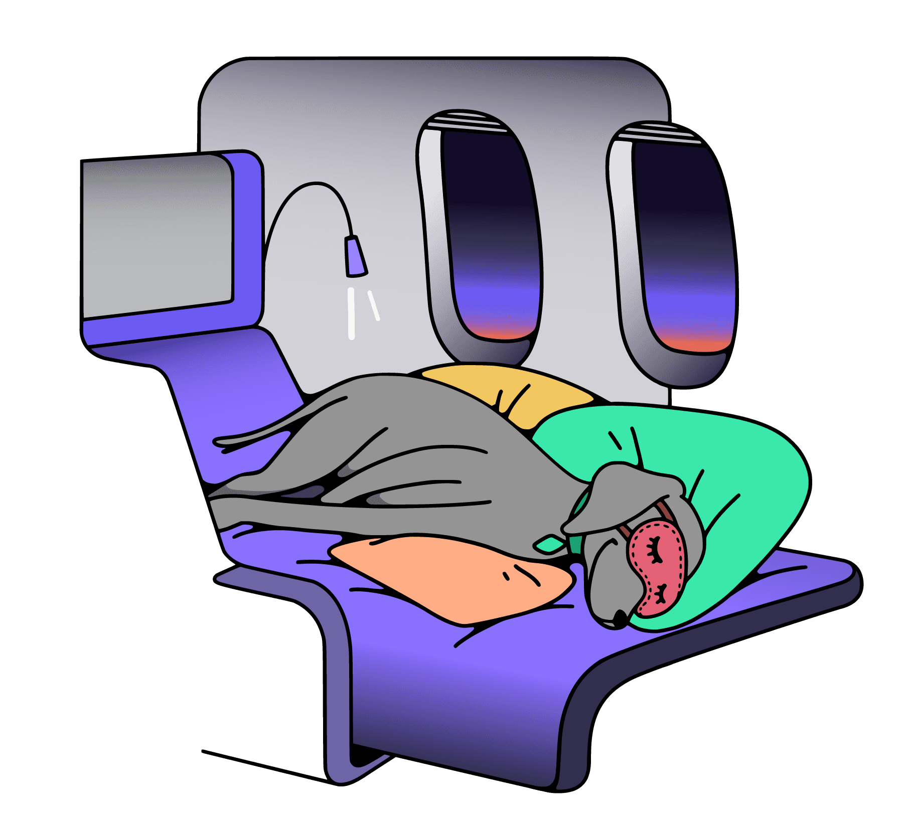 Cartoon pointer dog sleeping on a business-class lie-flat seat