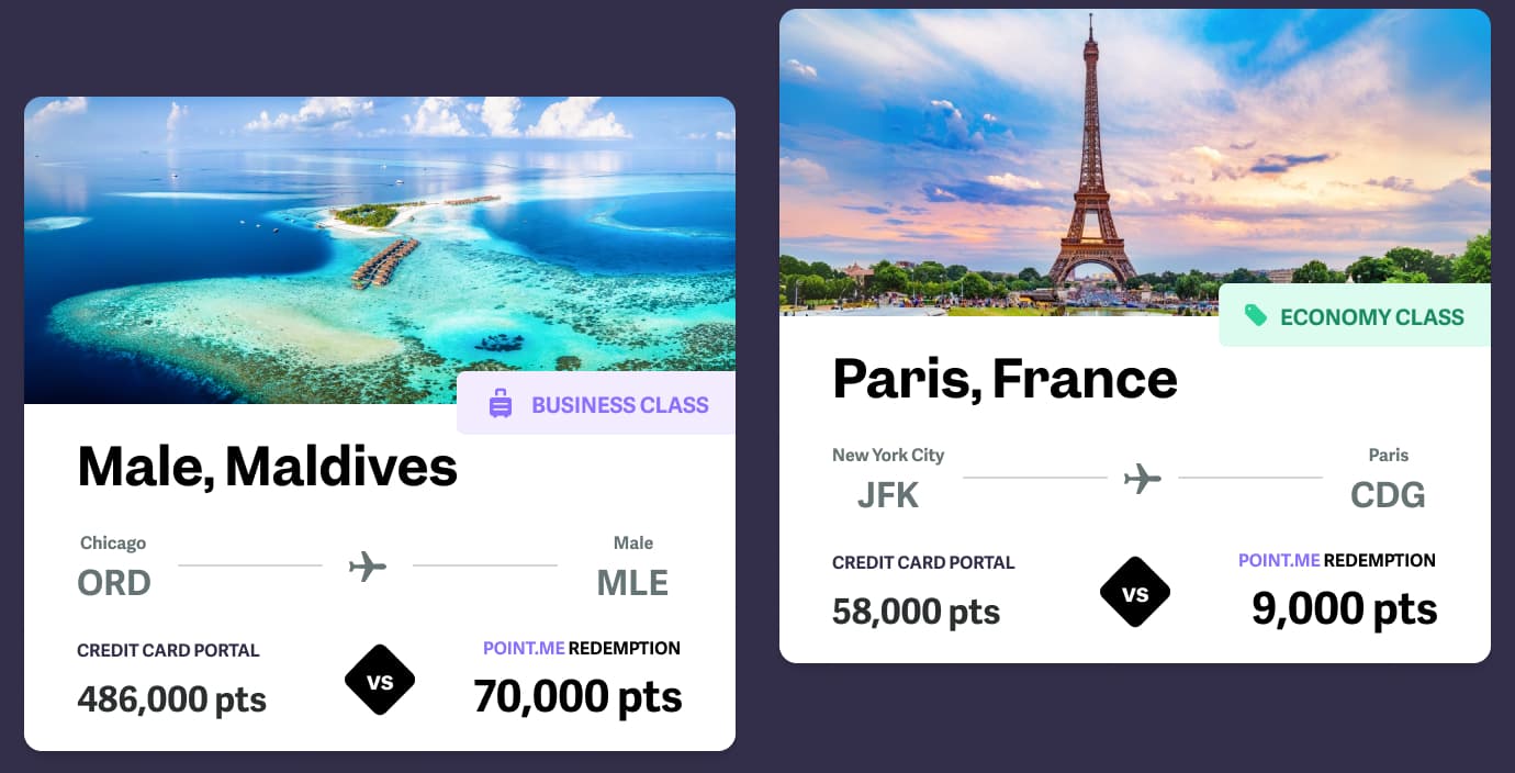 Chicago to Maldives New York to Paris — 2 Deal Cards