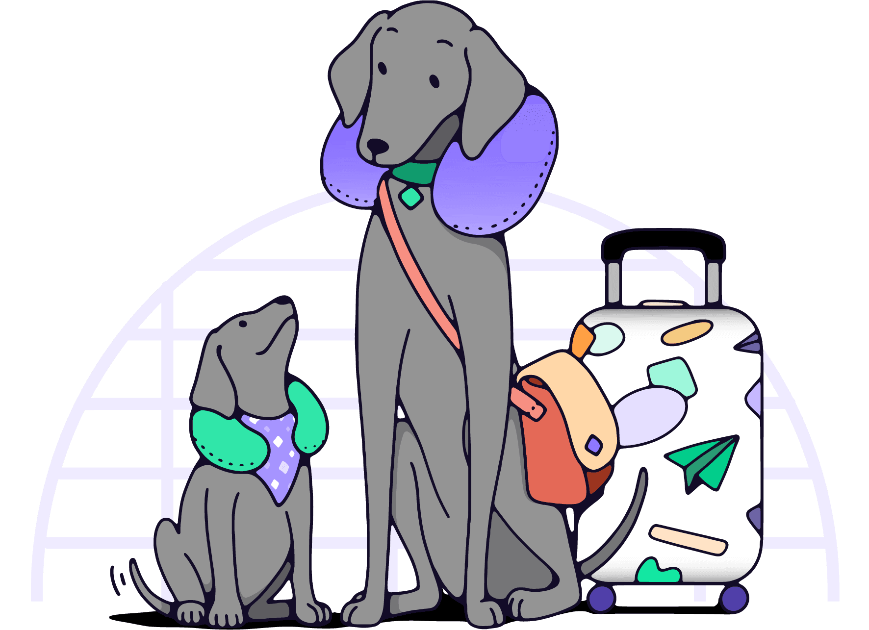 Pointer dog and puppy family with a suitcase ready to travel